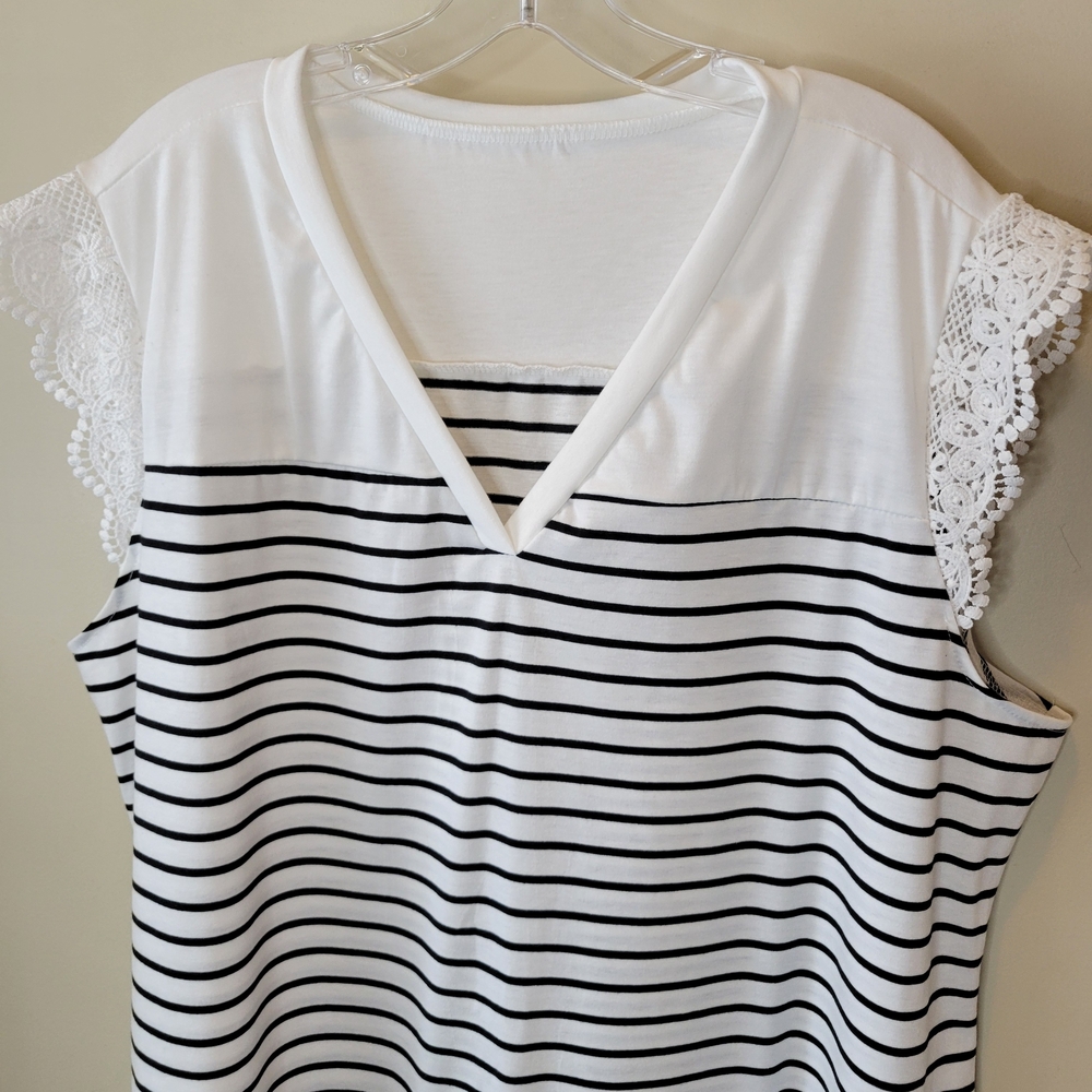 White and Black Striped Lace Sleeve dress 3X